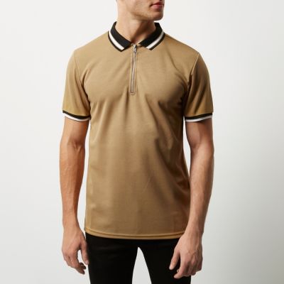 Camel brown zip placket polo shirt